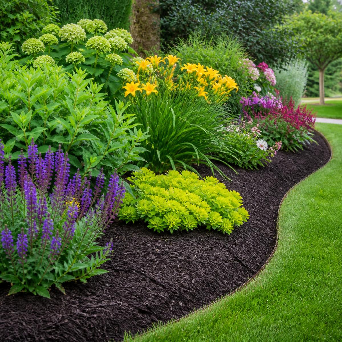 Landscaped garden bed with fresh dark mulch and clean edging